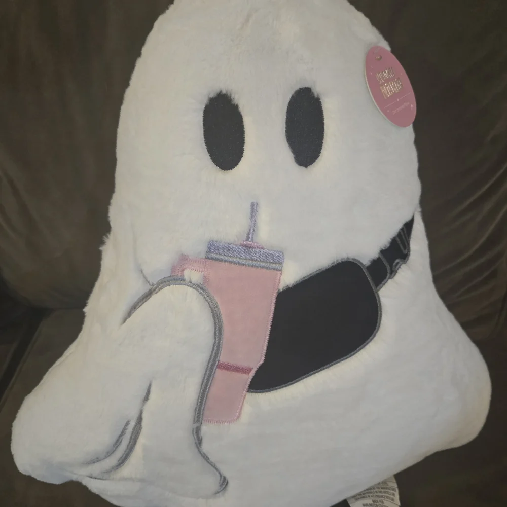 Halloween Ghost Plush Pillow with Pink Cup